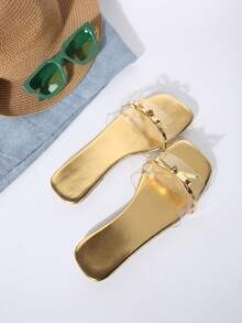 夏季新款蝴蝶結透明鞋面方頭平底涼鞋 - 金色 - 查看 4