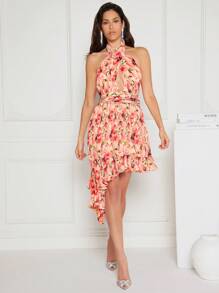 Hauture Vestido Floral Plisado Con Volantes Y Halter