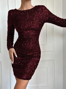 EURMUSE Của phụ nữ Thon gọn Không lưng Kim sa Đầm - Đỏ - Xem 4