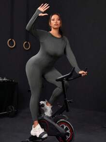 SHEIN Rhythm Era Plus Size Solid Color Thumb Hole Bodycon Sports Jumpsuit - Grey - View 3