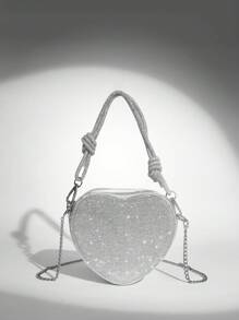 SHEIN BAE Túi xách hình trái tim đính đá Rhinestone lấp lánh thời trang sang trọng, thanh lịch dành cho nữ, Túi buổi tối, Ngày lễ tình nhân, Túi dự tiệc, Dạ hội, Câu lạc bộ, Đêm hẹn hò, Ngày lễ tình nhân - Bạc - Xem 2