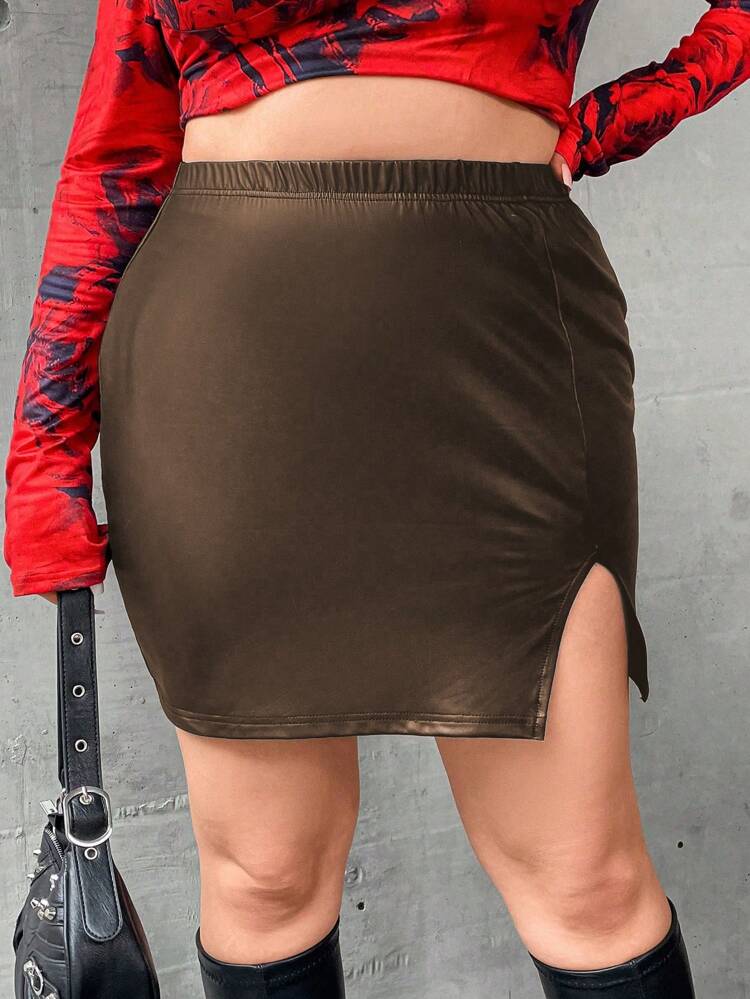 Plus Size Solid Color Split Hem Skirt