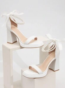 Fashionable Faux Pearl Bowknot White Pu Leather Thick Bottom Waterproof Platform Chunky Heel Women's High-Heeled Sandals Valentines - White - View 3