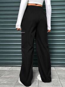 SHEIN EZwear 女款多拉鍊收褶高腰褲 - 黑色 - 查看 2