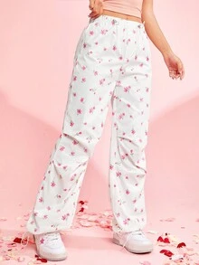 SHEIN EZwear Floral Print Harem Pants - White - View 5