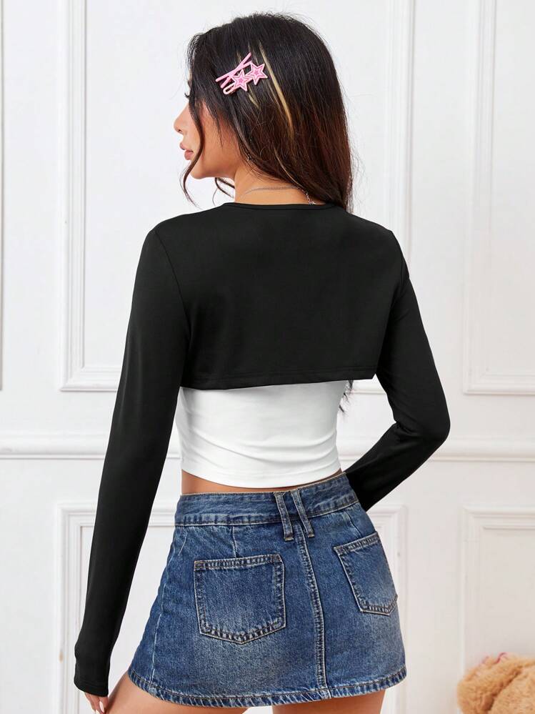 SHEIN EZwear 2ピース レディース T シャツ - ブラック&ホワイト - 見る 2