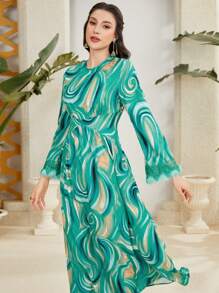 Mulvari Vestido Con Dobladillo De Encaje Teñido Anudado Y Manga Abullonada