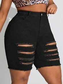 SHEIN SXY Plus Size Women'S Stretchy Denim Distressed Sexy Shorts, Slim Fit