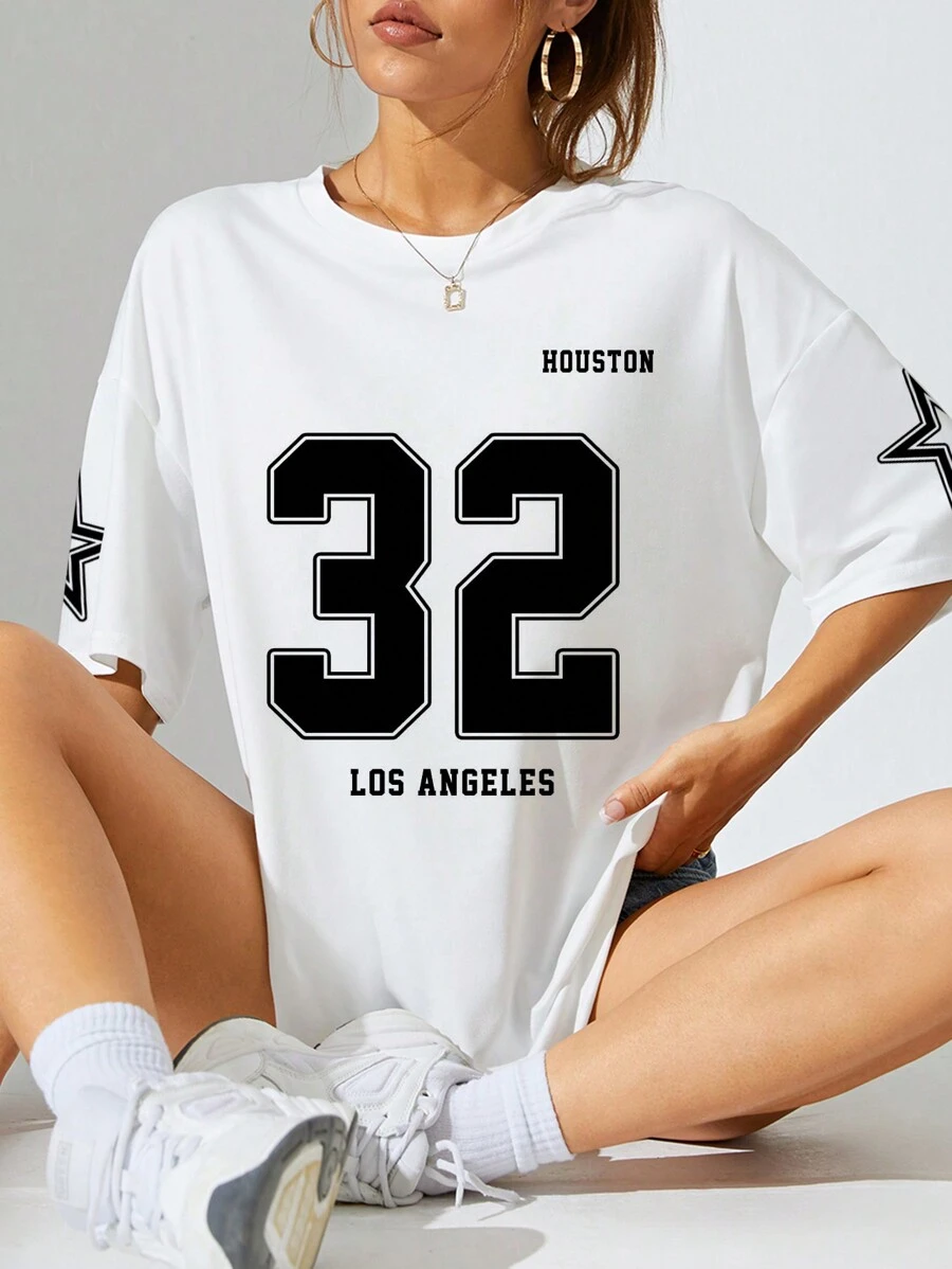 INAWLY Letter & Number Pattern Drop Shoulder Short Sleeve T-Shirt Graphic Tees Women Tops - White - View 1