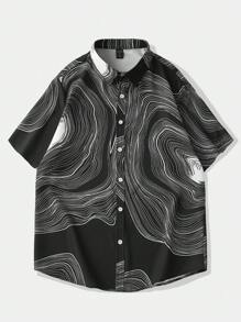 ROMWE MEN Street Life Men Graphic Print Button Up Shirt, School - Black - View 1