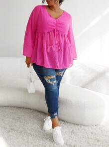 SHEIN CURVE+ 大碼圓點前抽繩荷葉邊下擺襯衫 - 玫紅色 - 查看 3