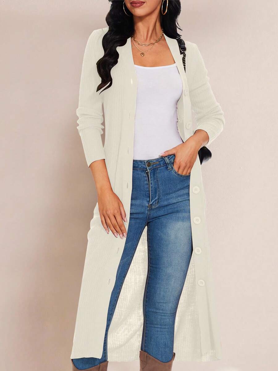Solid Extra Long Button Knit Cardigan - White - View 1