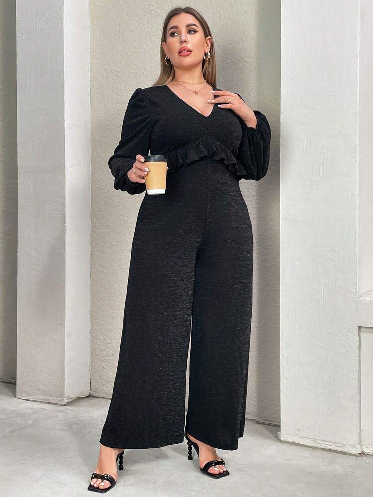 Plus Size Spring And Summer Clothing New Style Shiny Fabric Party Elegant Ruffled Long Sleeve Wide Leg Jumpsuit