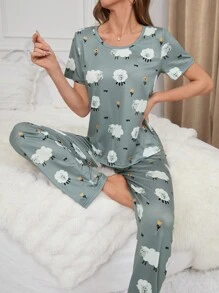 Ensemble Pyjama À Manches Courtes Et Pantalon Avec Motif De Moutons Pour Femme - Vert - Voir 4
