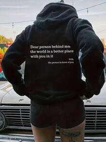 SHEIN EZwear Áo nỉ nữ cỡ lớn in khẩu hiệu, có dây rút - màu đen - Xem 2