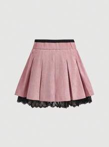 SHEIN MOD Women's Contrast Color Lace Splicing Pleated Skirt - Pink - View 2