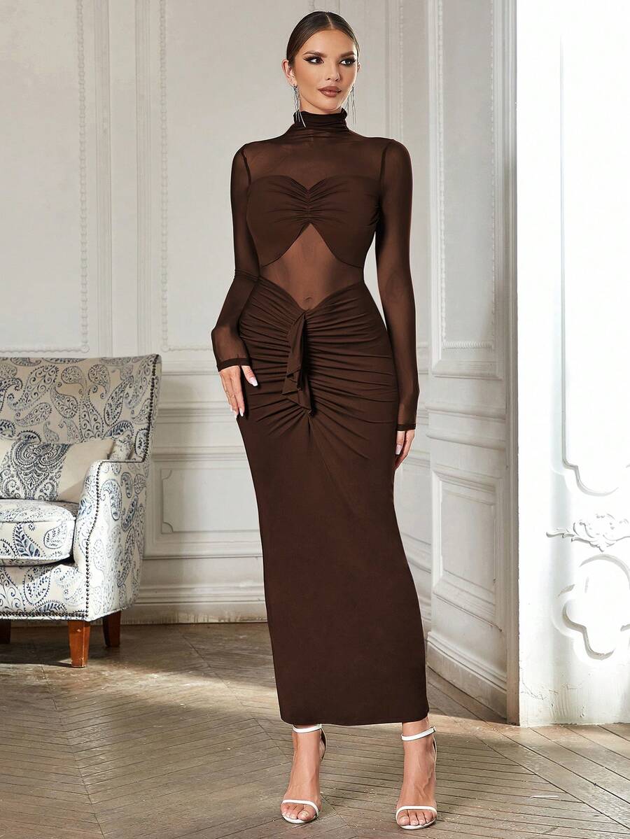 小高領前扭結褶邊緊身洋裝 - 巧克力棕 - 查看 1