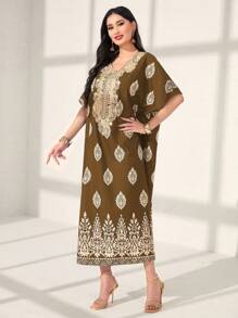 Al Najma Printed Patchwork Embroidery Batwing Sleeve Dress Kaftan Jalabiya Dress - Brown - View 4