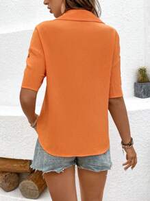 Breezaya Camisa De Manga Corta De Color Liso Con Textura, Detalle De Bolsillo Y Botones En Contraste - Naranja - Ver 2