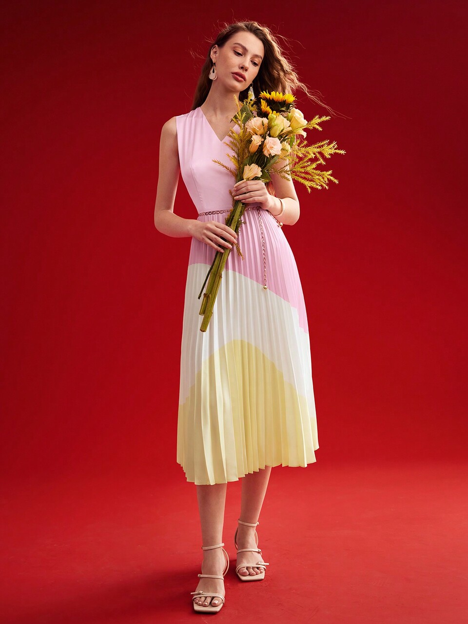 WOVEN WOMEN'S COLOR BLOCK PLEATED HEM DRESS,VALENTINE'S DAY OUTFIT,SUMMER OUTFITS