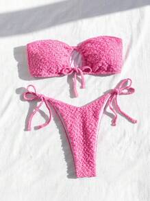 Swim Mod 女性紋理無肩帶比基尼套裝 - 玫紅色 - 查看 4