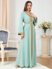 Women's Color Block Embroidered Patch V-Neck Long Sleeve Modest Dress Kaftan Arabian Dress - Mint Green - View 5