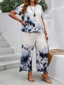 EMERY ROSE Conjunto de Dos Piezas de Mujer Talla Grande con Blusa de Manga Corta Estampada Floral y Pantalón de Pierna Ancha para Primavera y Verano - Multicolor - Ver 3