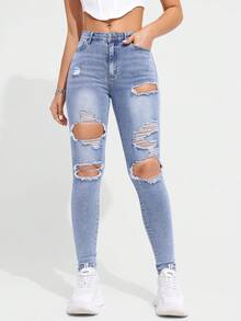 SHEIN Essnce Đau khổ Denim mùa giặt Denim Quần jean - Rửa nhẹ - Xem 3