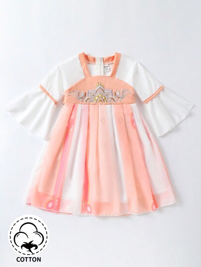 Baby Girl vår/sommar broderad kontrastfärg Klänning i traditionell stil med sött spänne för dagligt, vardagskläder och festivaler