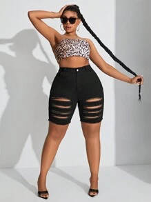 SHEIN SXY Plus Size Women'S Stretchy Denim Distressed Sexy Shorts, Slim Fit