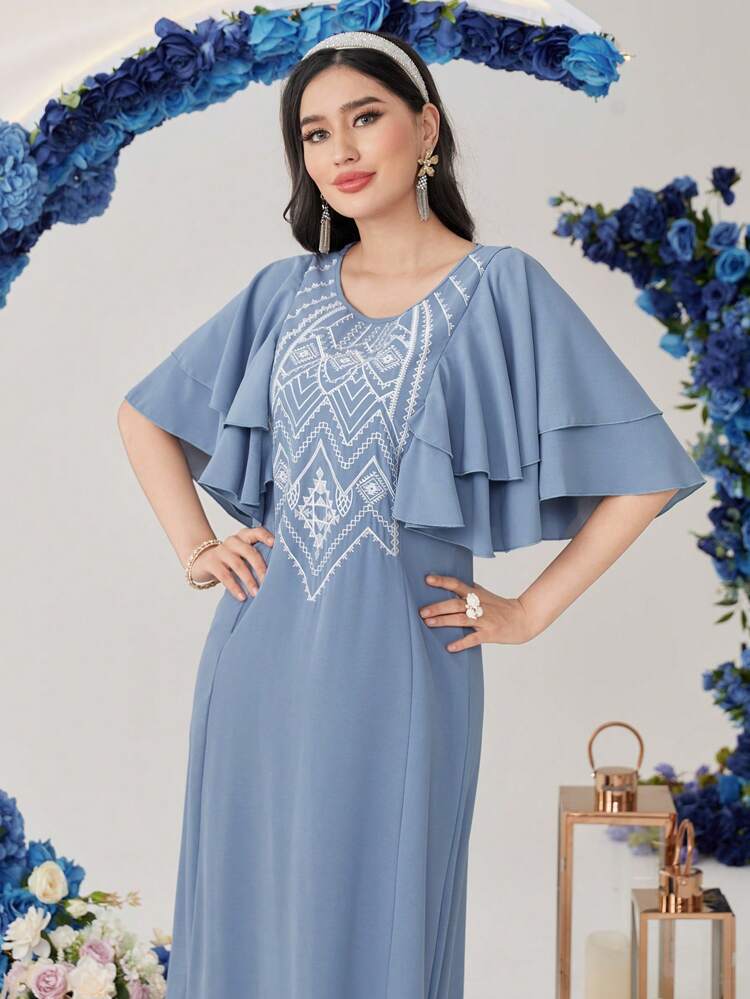 Women's Geometric Embroidery Patchwork Ruffle Trim Dress