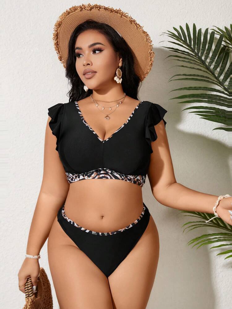 Summer Plus Size Leopard Print Splicing Swimwear Set