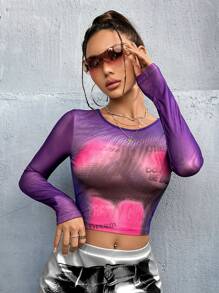 SHEIN ICON 女款y2k紫色網紗短上衣,人體印花圖案 - 彩色 - 查看 4