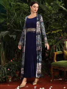 Al Najma Women'S Paisley Print Jacket & Embroidery Patchwork Dress Two Pieces Set 2 Pieces Set - Blue - View 5