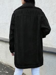 EURMUSE Women's Teddy Lined Denim Jacket With Single Button Closure - Black - View 2