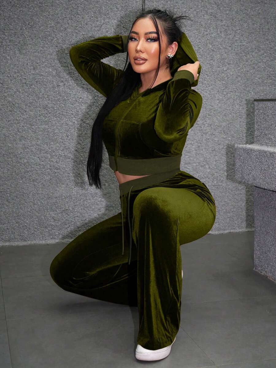 SHEIN SXY 純色短版連帽衫 - 綠色 - 查看 1