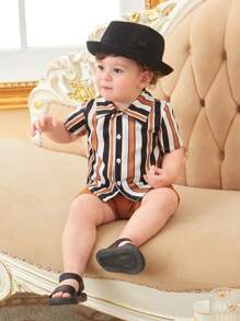 嬰兒男童條紋短袖襯衫和短褲街頭風格時尚套裝 - 彩色 - 查看 6
