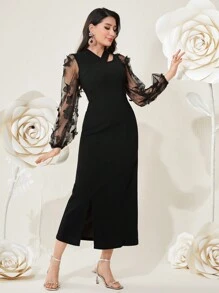 Modelyn 女用蝴蝶刺繡網布拼接不對稱領口洋裝 - 黑色 - 查看 3