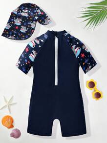 SHEIN Leap Crew 男童漫畫可愛海洋動物鯊魚印花連體泳衣,附游泳帽,適用於春夏季