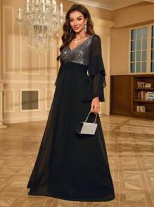 Chiffon Splice Sequin Flared Sleeve Formal Dress - Black - View 7