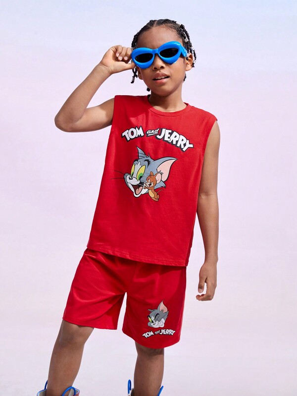 TOM & JERRY X SHEIN Conjunto De Camiseta De Tirantes Y Pantalones Cortos Con Gráficos Animados Para Niño Entre 9 Y 14 Años