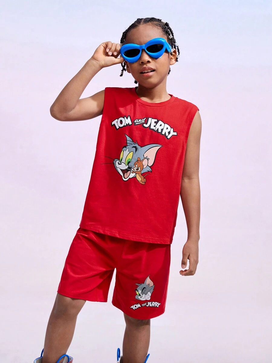 TOM & JERRY X SHEIN Tween Boy Cartoon Graphic Tank Top & Shorts Set - Red - View 1
