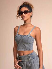 SHEIN BAE 女士丹寧絲綢背心上衣 - 藍色 - 查看 3