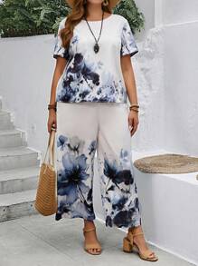 EMERY ROSE Conjunto de Dos Piezas de Mujer Talla Grande con Blusa de Manga Corta Estampada Floral y Pantalón de Pierna Ancha para Primavera y Verano - Multicolor - Ver 4
