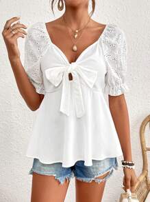 Chiquease Knot Front Eyelet Embroidery Puff Short Sleeve Blouse - White - View 5