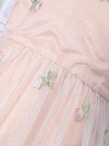 Vestido De Manga Abombada Con Corte Medio Y Bordado De Pequeñas Flores Y Malla Para Niñas Adolescentes - Rosa - Ver 5