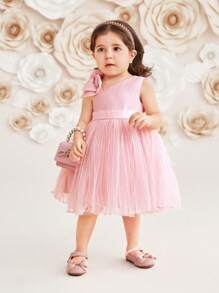 SHEIN DRMZ Baby Girl Baby Girl Elegant Mesh & Bowknot Patchwork Sleeveless Dress