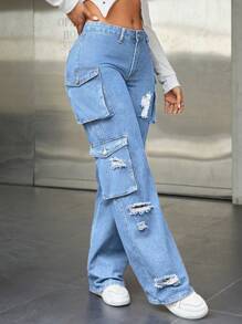 SHEIN ICON Ripped Cargo Denim Jeans - Light Wash - View 5