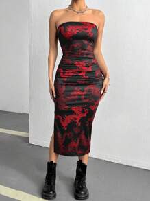 SHEIN ICON Women's Full Printed Dragon Pattern Shirred Dress