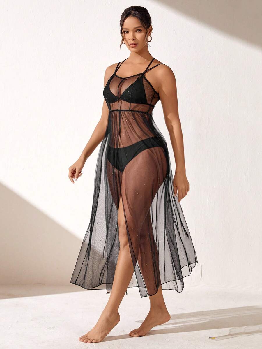 SHEIN Swim 1 件女式高开叉网眼下摆细肩带罩衫连衣裙音乐节夏季 - 黑色 - 查看 1